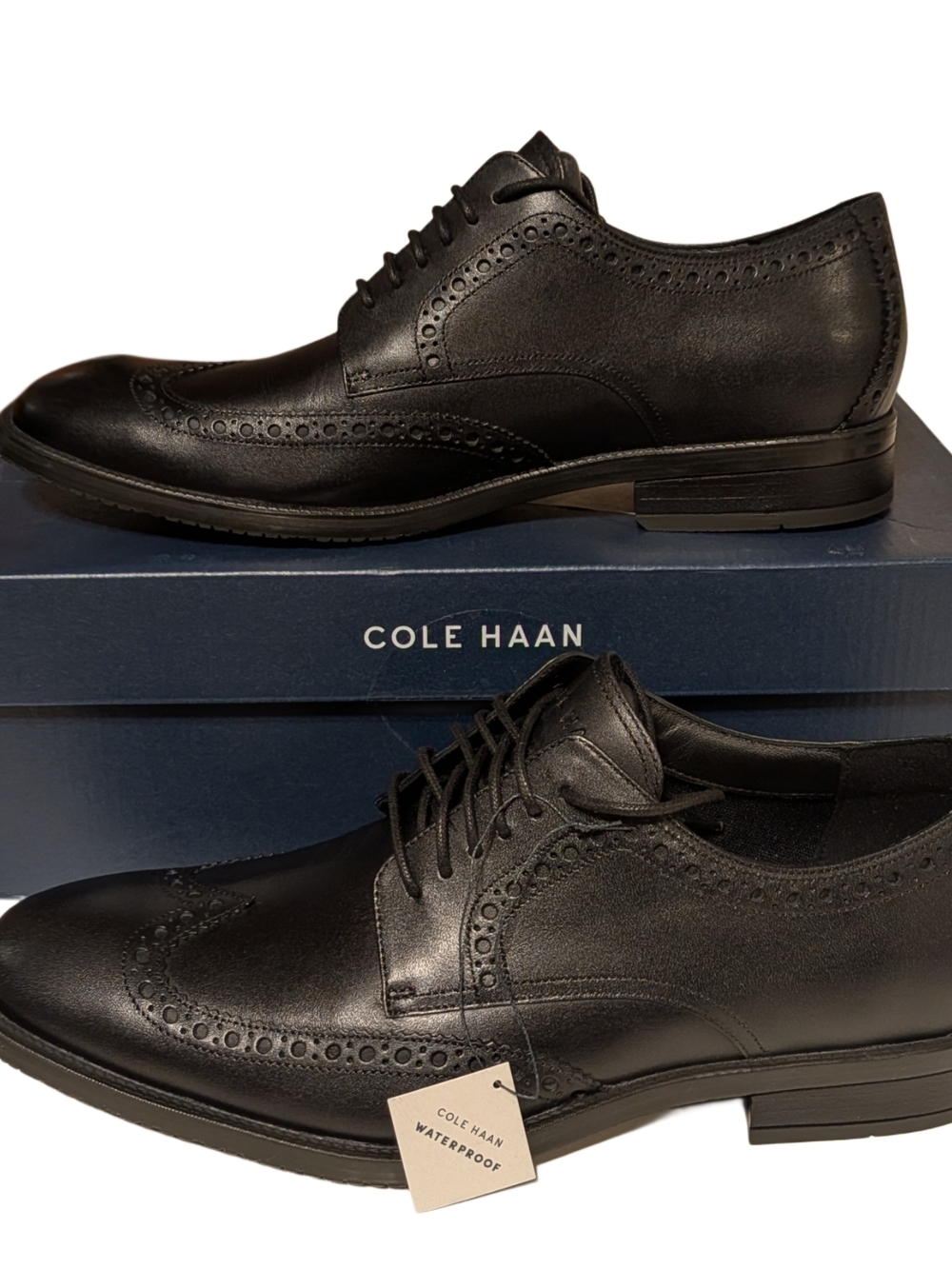 Cole Haan Black Leather Wingtip Derby Shoes - Picture 3 of 9